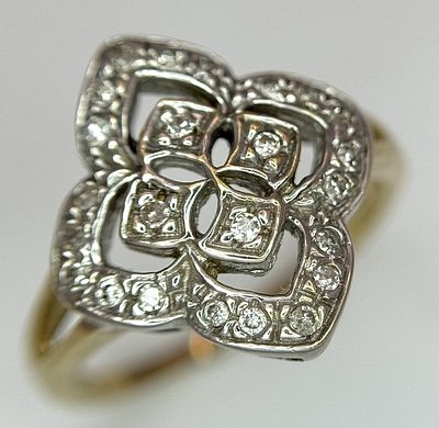 A 9K YELLOW GOLD DIAMOND SET QUARTERFOIL DESIGN RING 2.8G SIZE L. Ref: SC 7038