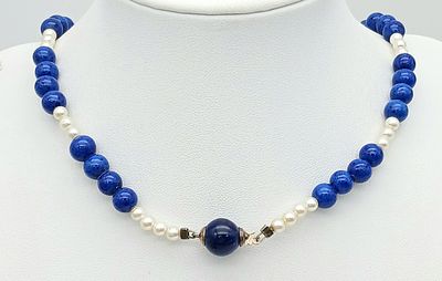 A Stylish Vintage Sterling Silver Lapis Lazuli and Pearl Necklace-41cm Length. Lapis Beads 