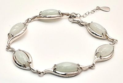 A Pretty Sterling Silver Green Chalcedony Bracelet-19cm Length, plus extender. Set with six 