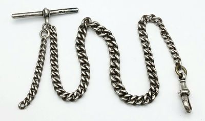 An Antique, Hallmarked 1891/2, Silver Albert Chain with T-Bar. 32cm Length. Gross Weight 24.86 