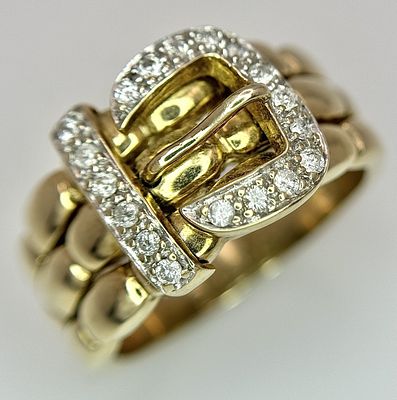 A 9K Yellow Gold Diamond Buckle Ring. 10g total weight. 0.18ctw diamonds. Ring size T. Ref: 7775H