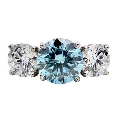 A Platinum Lab-Grown Three Stone Diamond Ring. A 1.59ct blue diamond centre stone - VS2 clarity 