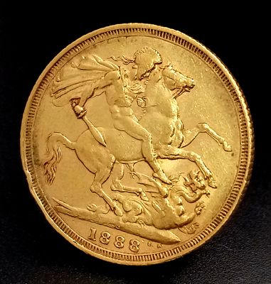 AN 1888, QUEEN VICTORIA, SYDNEY MINT, JUBILEE HEAD, FULL SOVEREIGN COIN. 22K GOLD. C 4007