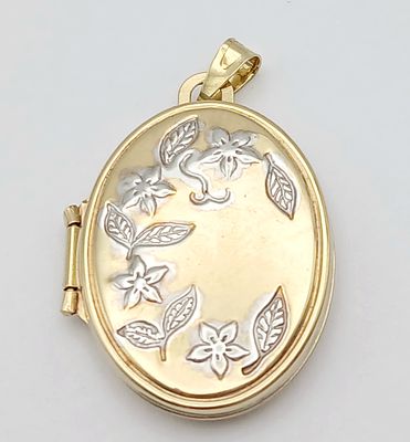 Dainty 9 CARAT GOLD LOCKET pendant. Finished in YELLOW GOLD with WHITE GOLD DECORATION. Fully 