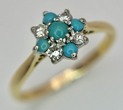 AN 18K YELLOW GOLD, DIAMOND AND TURQUOISE RING. 2.7G, SIZE R. SC 4044