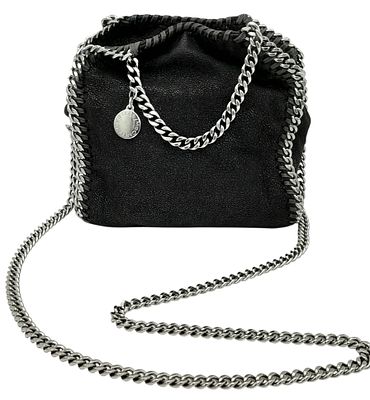 A Stella McCartney Black Falabella Mini Tote Bag. Black textile exterior with silver-tone 