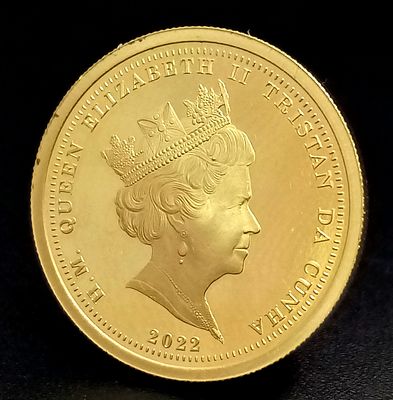 A 2022, QUEEN ELIZABETH II, PLATINUM JUBILEE, PROOF CONDITION, HALF SOVEREIGN COIN. 22K GOLD. 