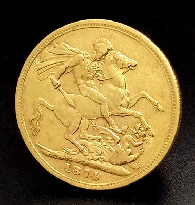 AN 1874, QUEEN VICTORIA, YOUNG HEAD, SYDNEY MINT, FULL SOVEREIGN COIN. 22K GOLD. 9725 - 31