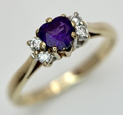 A 9K YELLOW GOLD, DIAMOND AND HEART SHAPED AMETHYST RING. 2.3G, SIZE Q. SC 4004