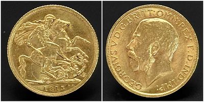 A 1915 George V Full Gold Sovereign coin. 22K Gold. Good definition.