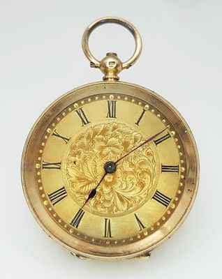 An Antique 18K Gold Cased, Open-Face Fob Watch. Decorative exterior case (35mm diameter) 