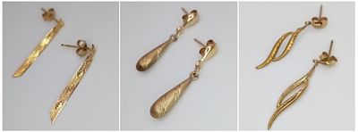 3 x PAIRS of 9 CARAT GOLD EARRINGS. DROP STYLE. Complete with Gold Backs. Please see pictures.