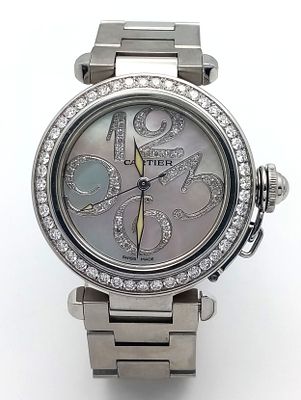 A Pasha de Cartier Automatic Diamond Ladies Watch. Stainless steel bracelet and case - 36mm. 