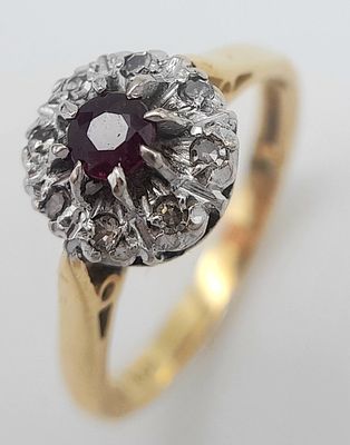 Vintage 18 CARAT GOLD, RUBY and DIAMOND RING. Full UK hallmark. 3.9 Grams. Size M 1/2 - N. 