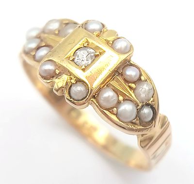 AN 18K YELLOW GOLD, ANTIQUE, DIAMOND AND PEARL SET RING. 3.4G, SIZE O. TAN 2004