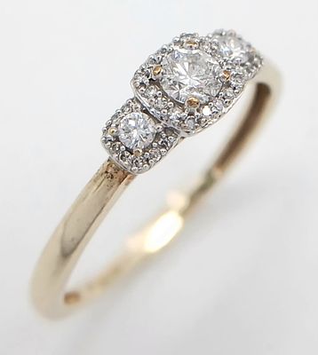 A 9K YELLOW GOLD, DIAMOND SET, TRIPLE CLUSTER RING. 0.25CTW. 1.5G, SIZE O. SC 2031
