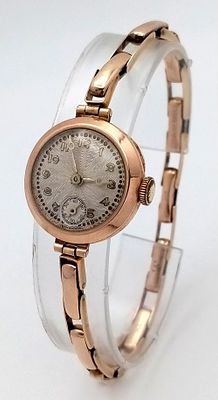Ladies Antique 9 CARAT GOLD ART DECO WRISTWATCH with 9 CARAT EXPANDABLE BRACELET. Clear 