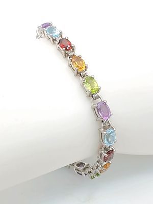 A Pretty Sterling Silver and Multi-Colour Semi-Precious Gemstone Set Bracelet-19cm Length. Set 