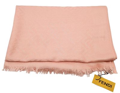 A Fendi Pink FF Monogram Scarf. Soft pink fabric with tonal FF monogram throughout and fringed 