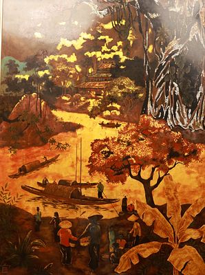 "River Wharf" by Le Thy. 120 x 90 cm. Lacquer. Signed lower left.Le Thy (1919-1961), Vietnamese 