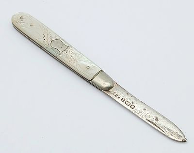 Antique SILVER BLADED FRUIT KNIFE. Decorated Mother of Pearl Handle. Clear Hallmark for James 