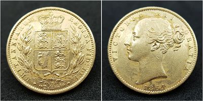 AN 1864, QUEEN VICTORIA, YOUNG HEAD, SHIELD BACK, DIE NUMBER 74. FULL SOVEREIGN COIN. 22K GOLD. 