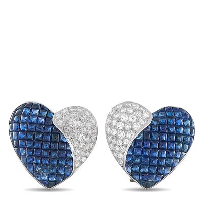 A pair of 18K White Gold 1.75ct Diamond and Sapphire Heart Clip-On Earrings. Sparkling pave 