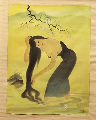 "Bathing Girl", 20th Century. 120 x 80. Colored ink on silk. Signed lower right. Artist 