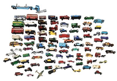 A box of loose Matchbox and Corgi diecast toy vehicles.