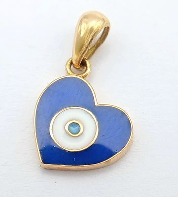 An 18K Gold and Enamel Heart evil eye Pendant. 2cm. 0.72g. MK17
