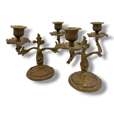 A Pair of antique Chinese Candlestick Holders. With floral detailing, curved branch-form arms 