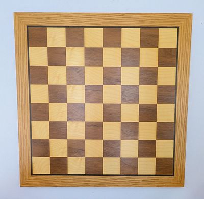 A Walnut and Sycamore Chess Board with Oak Surround. 41 x 41cm. As new condition.