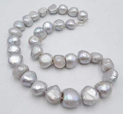 A Silver Tone Freshwater Irregular Shaped Pearl Necklace with 925 Silver Clasp. Pearls - 