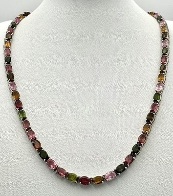 A Pretty Sterling Silver Multi-Colour Tourmaline Set Necklace- 46cm Length. Set with Seventy 6 