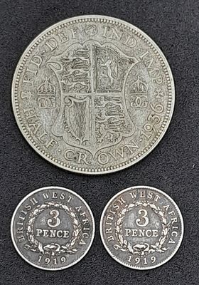 A 1936 Silver Half Crown Plus Two Silver Three Pence Coins - Both 1919.