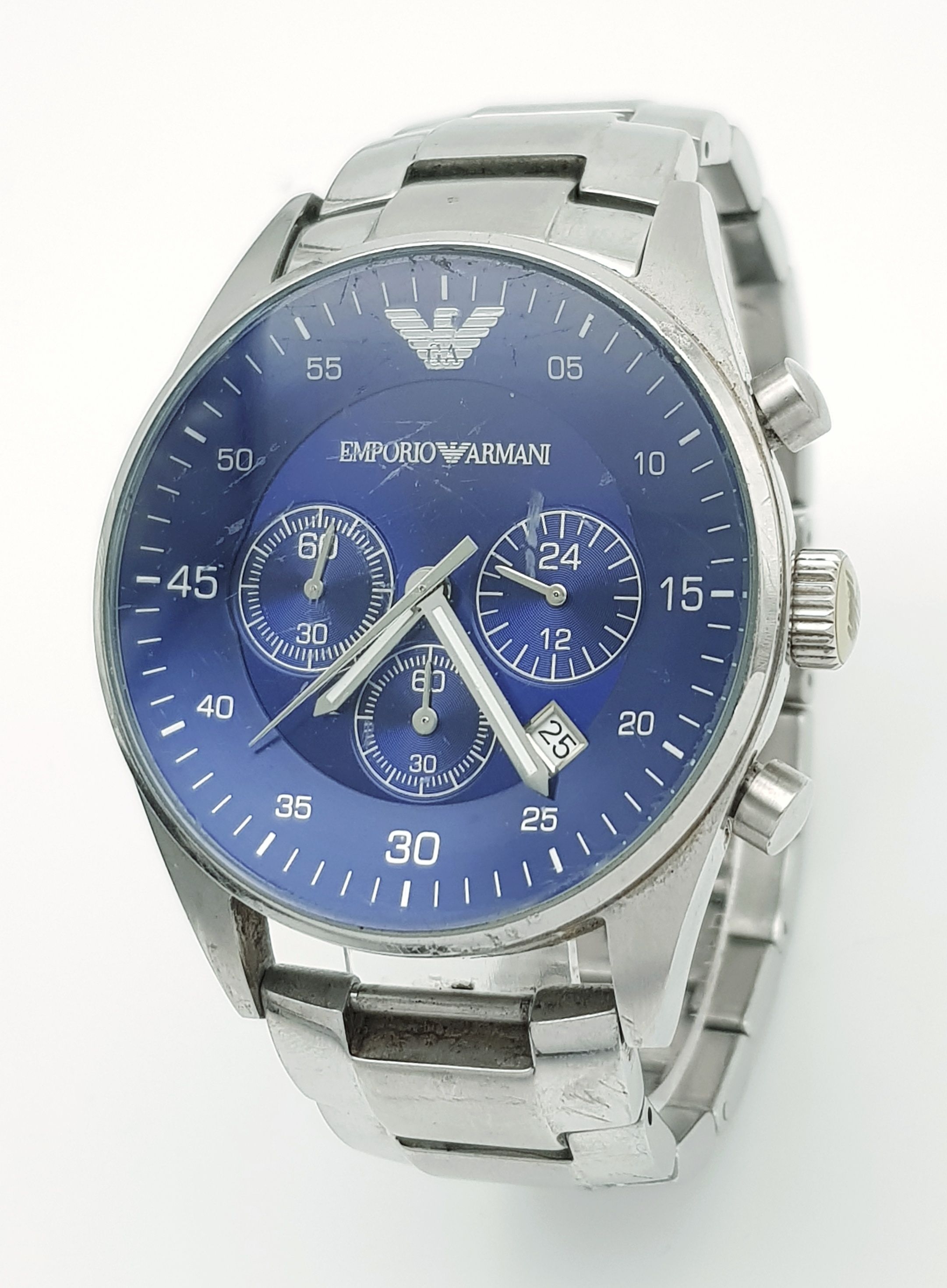 An Emporio Armani, Chronograph, Steel, Blue Dial With Date Function