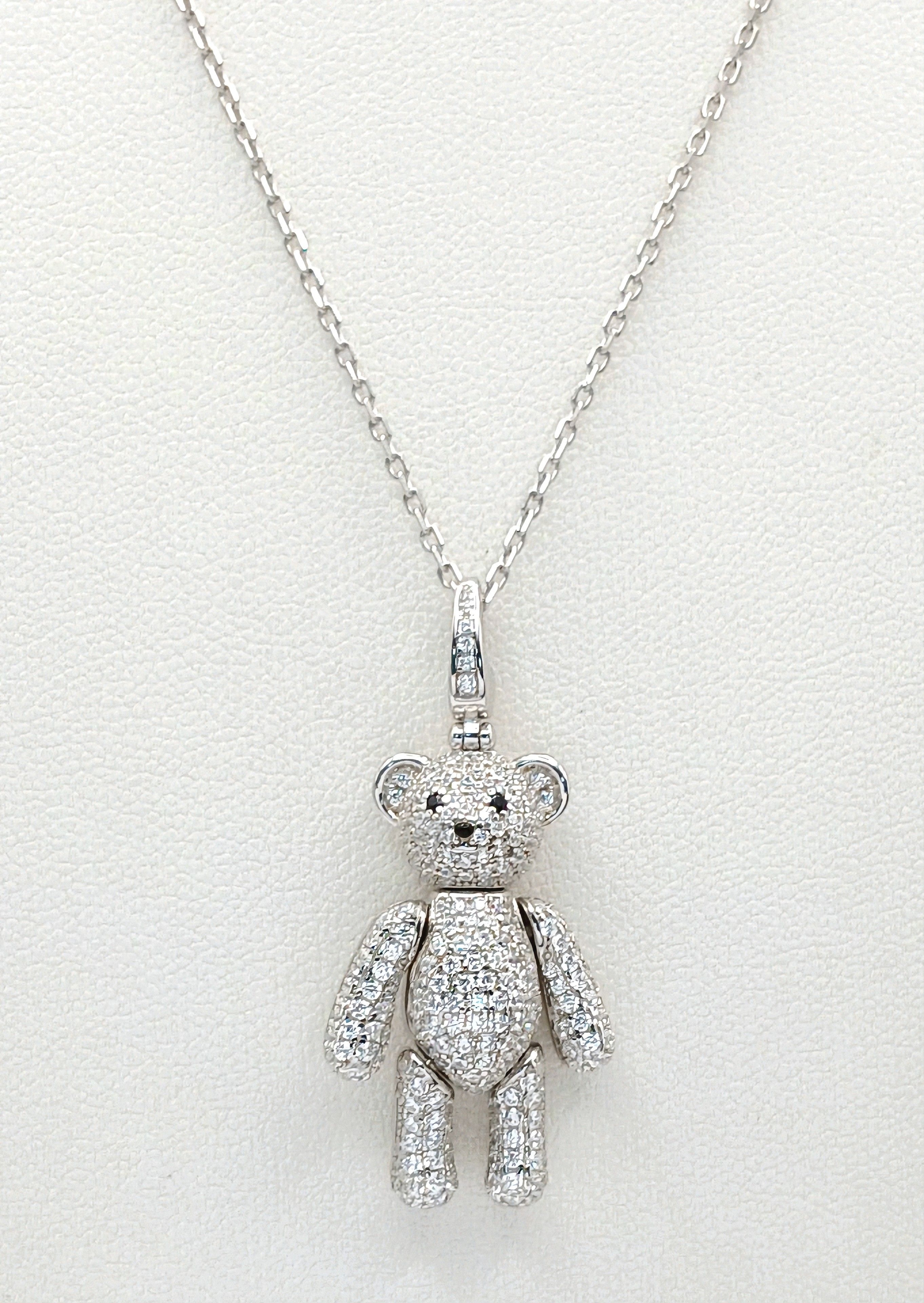 A 925 Silver White Stone and Sapphire Enamel Teddy Bear Pendant Necklace