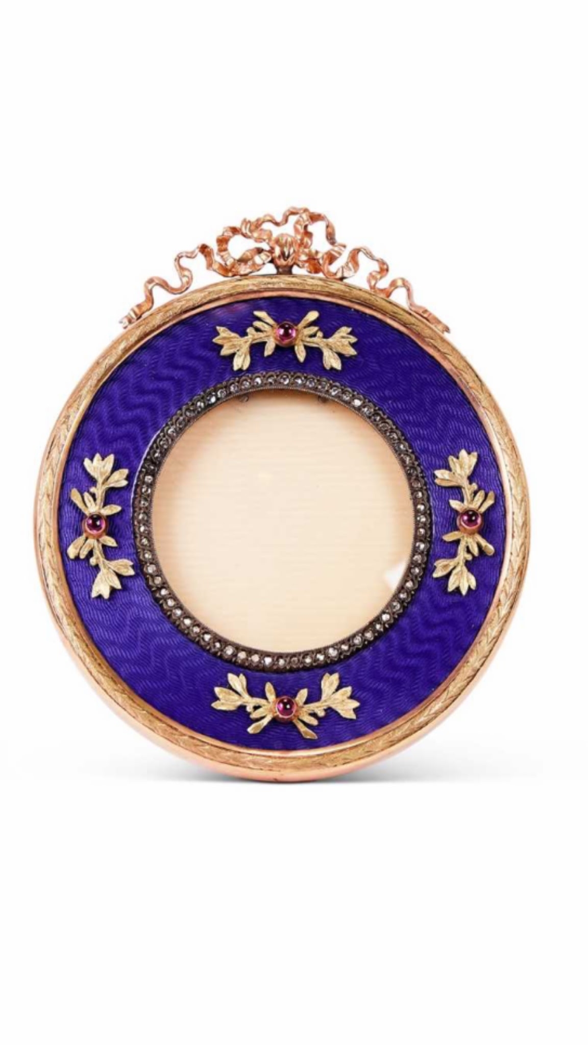 A Russian Style 14K Gold, Enamel and Diamond Set Photo Frame