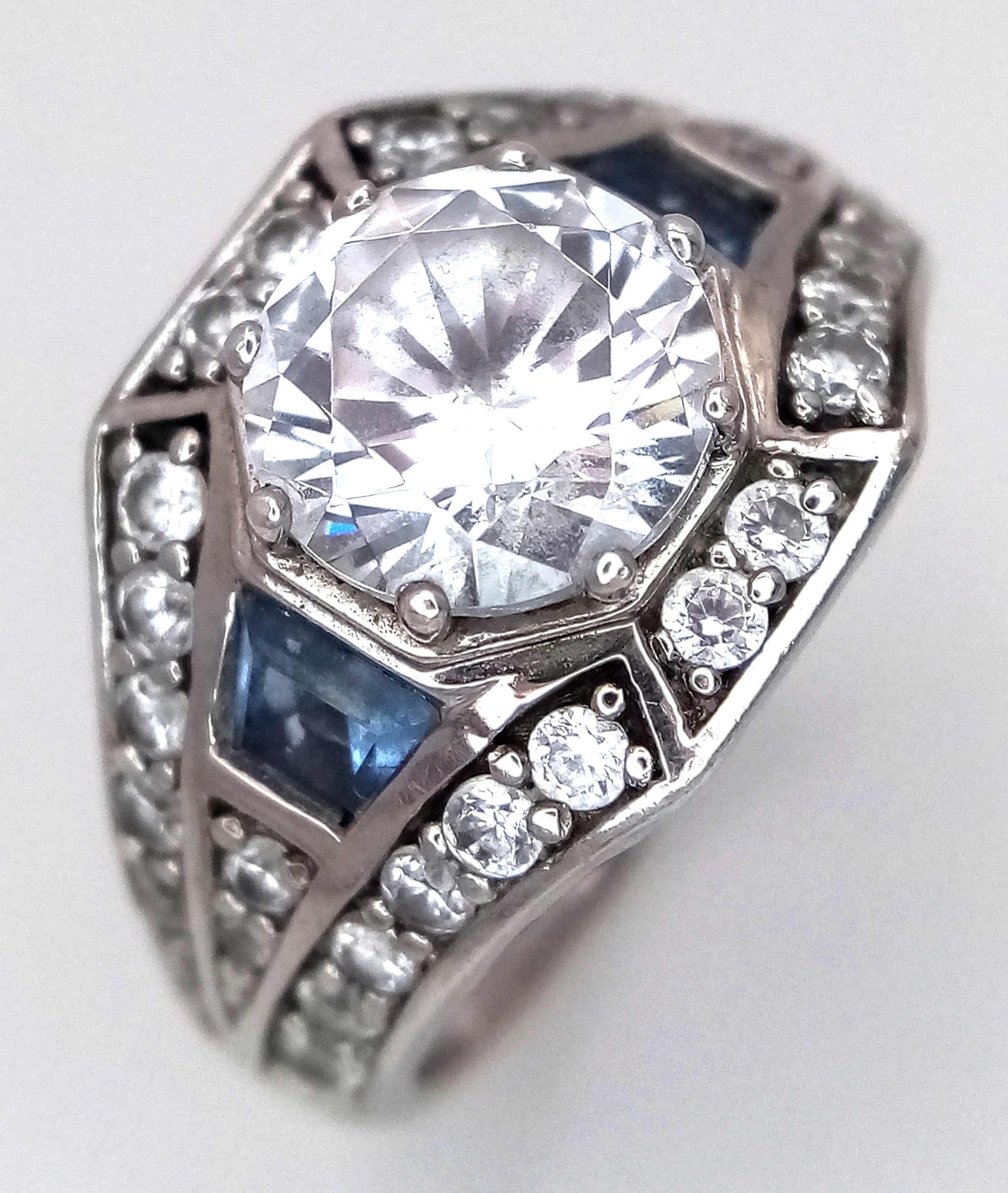 A 925 Sterling Silver art deco style Blue and CZ Stone Set Ring