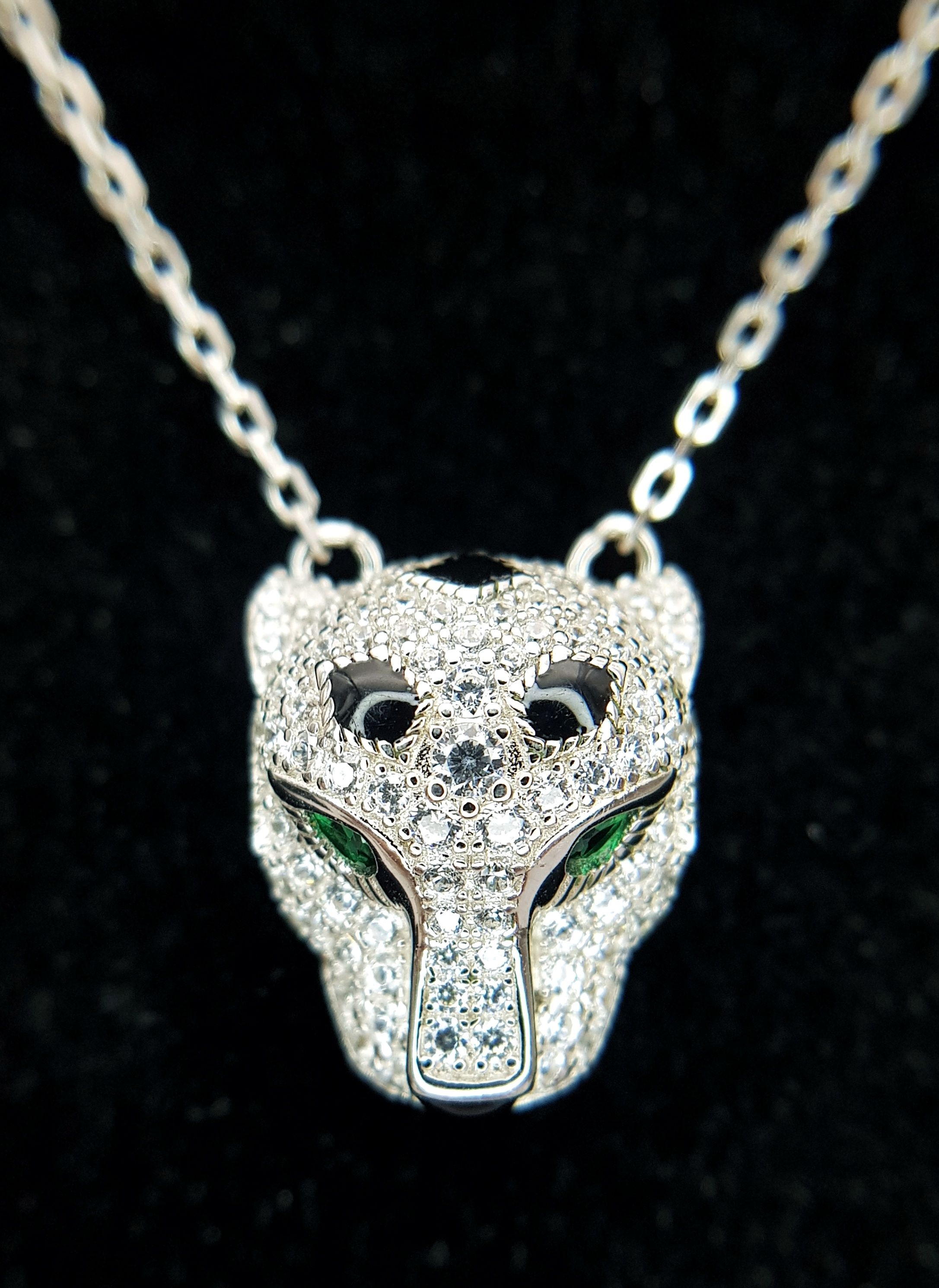 A 925 Silver White Stone Panther Head Pendant Necklace with Green Stone Eyes