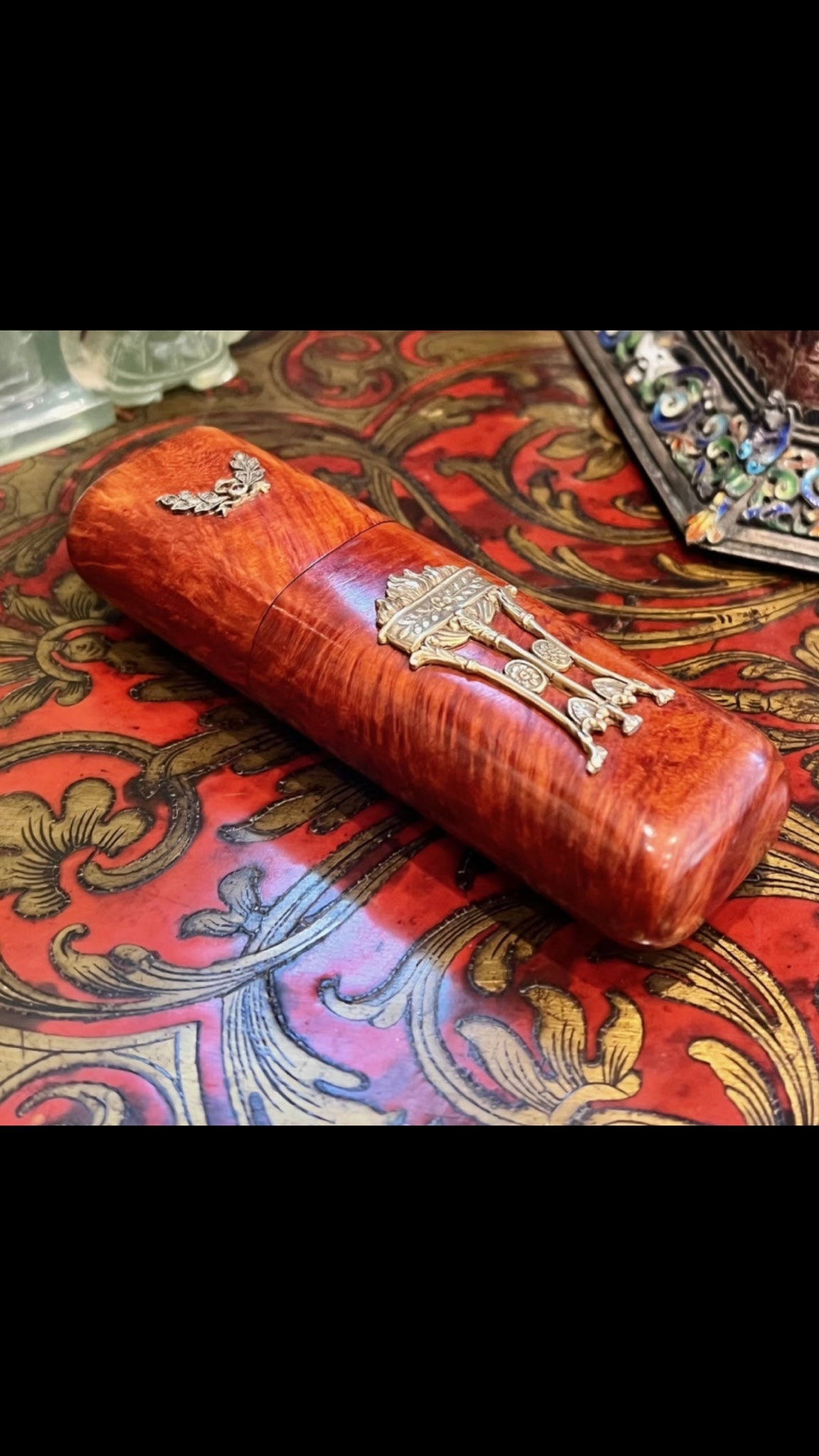 A Russian Gilded Silver and Diamond Set Carved Wood Case