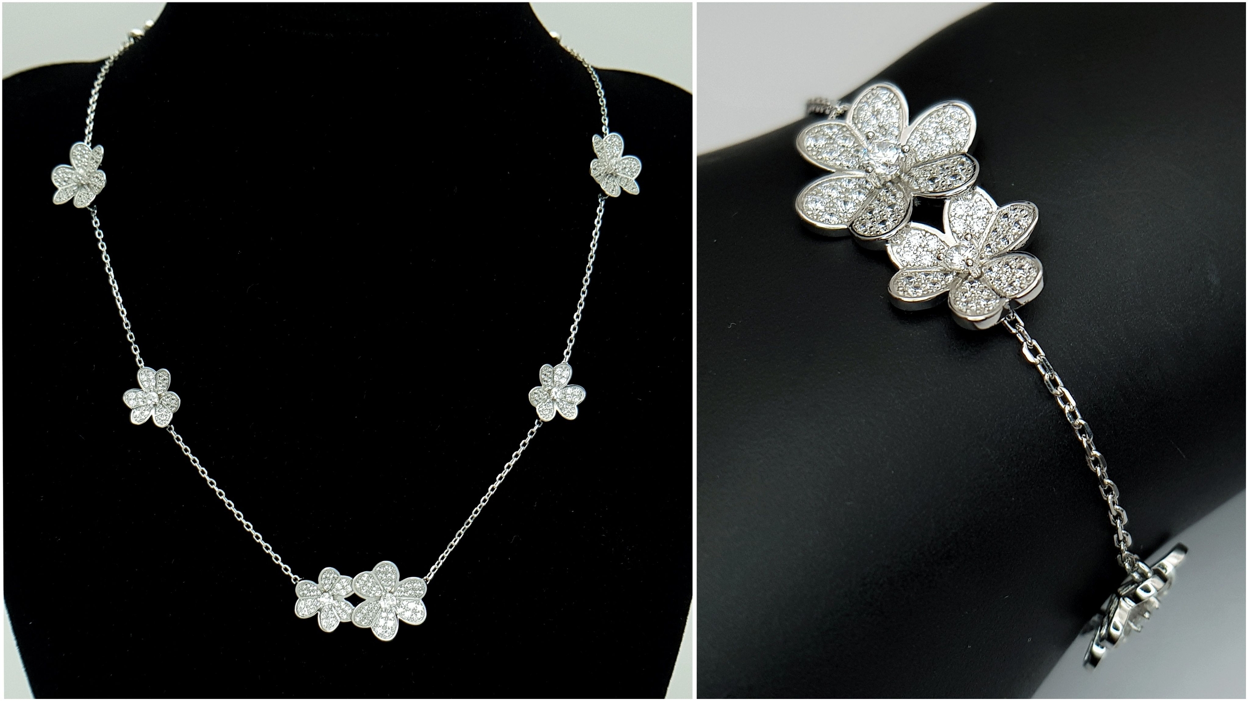 A 925 Silver White Stone Set Floral Necklace and Bracelet Set