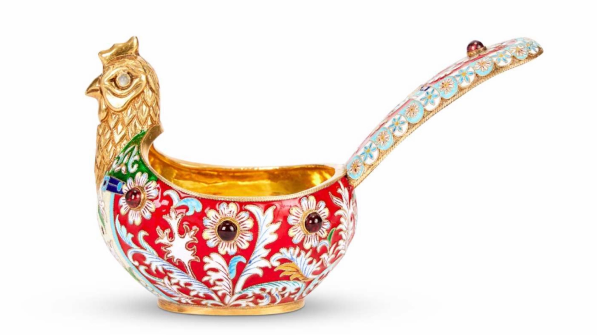 A Russian Style Gilded Silver, Enamel and Gem Set Bird Kovsh