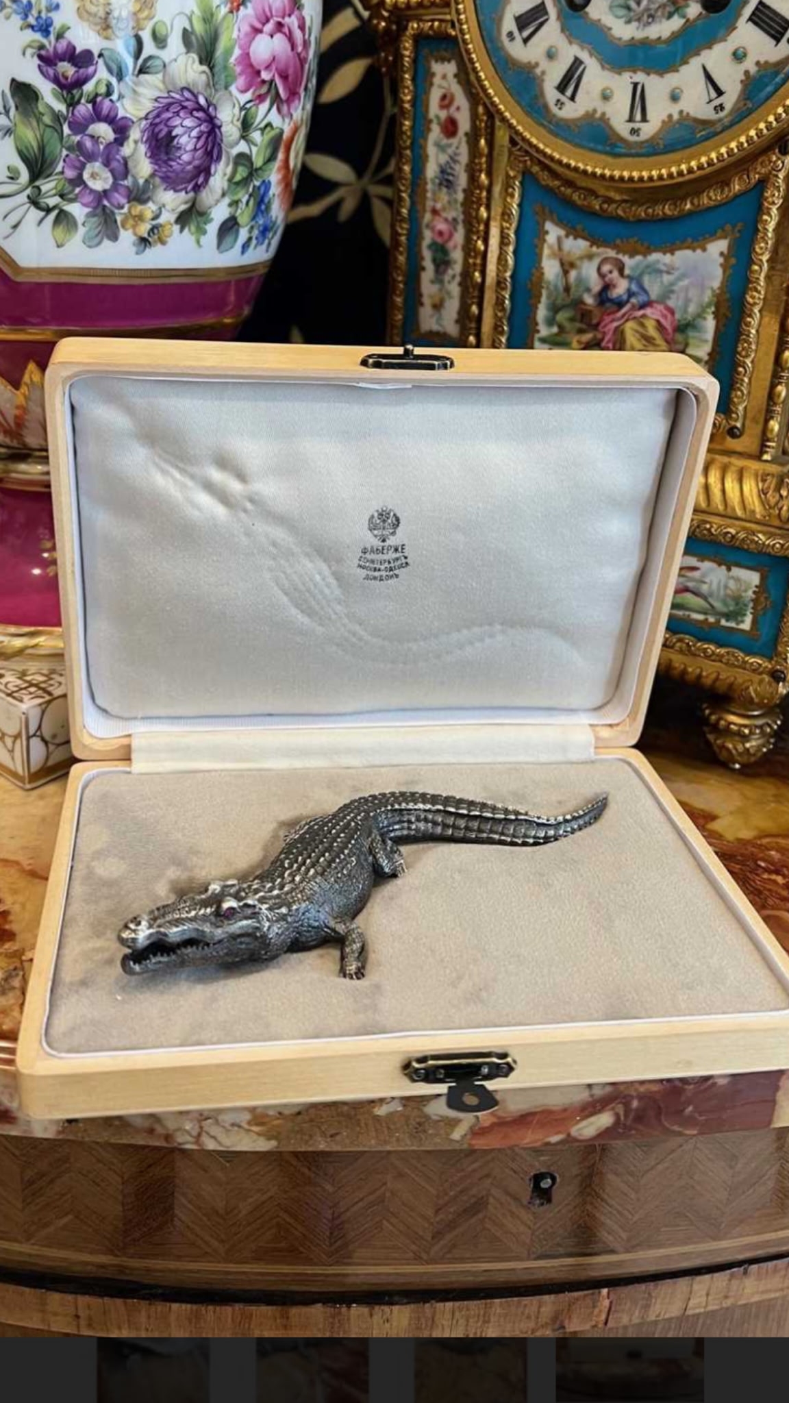 A Russian Style Solid Silver Crocodile with Stone Set Eyes