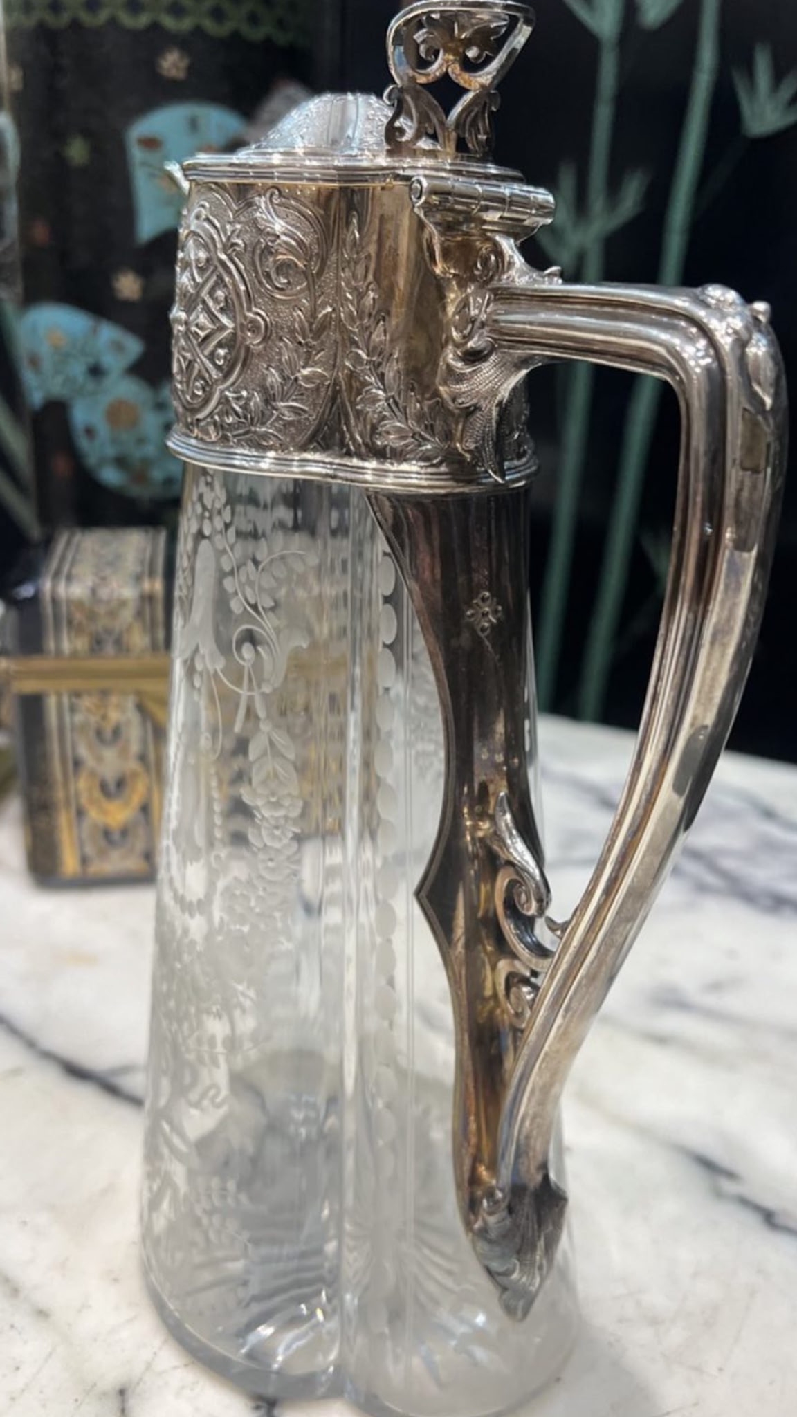 A 19th Century Sterling Silver and Etched Glass Claret Jug