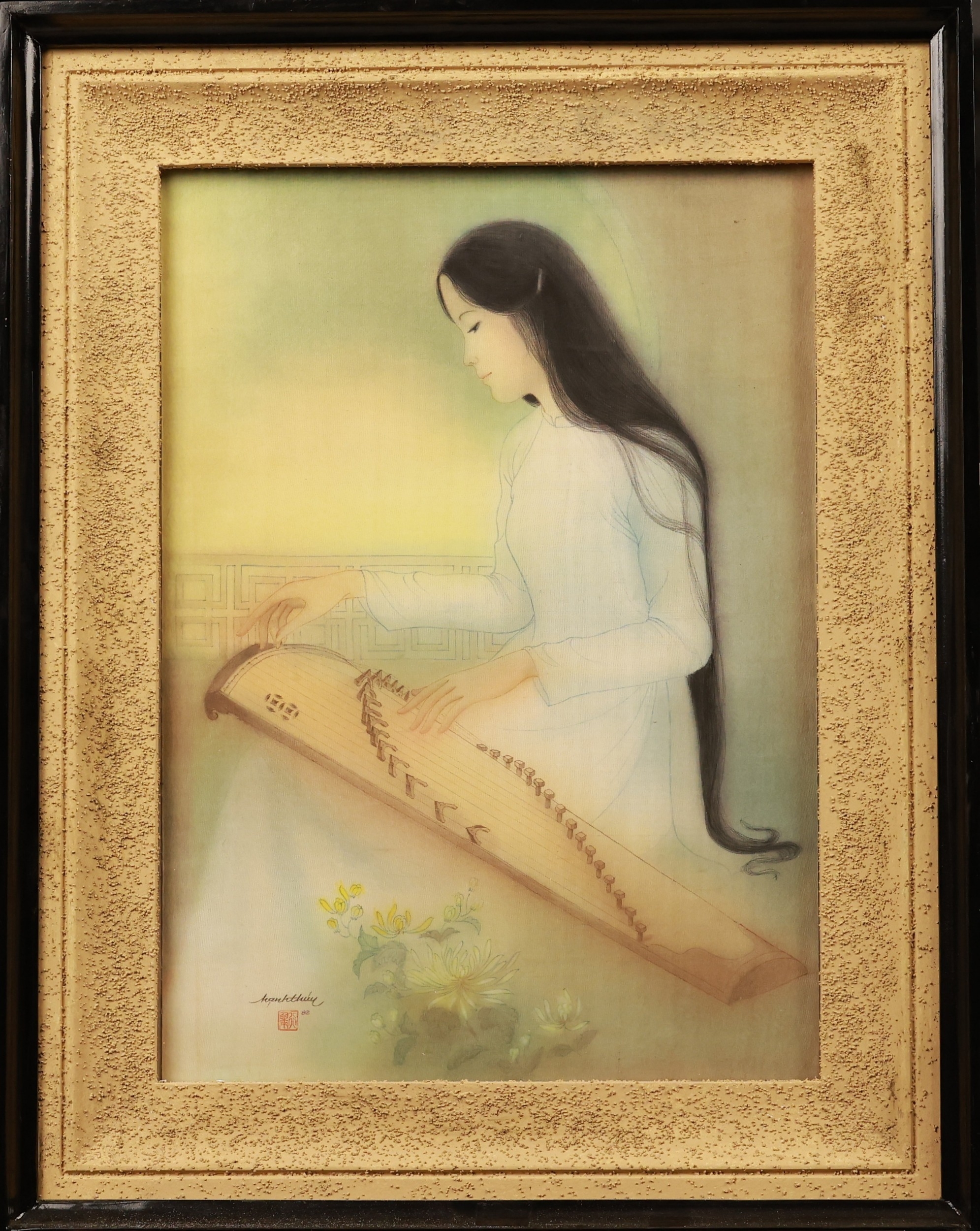 "Girl Playing a Musical Instrument" by Hạnh Thúy, 52.5 x 38 cm