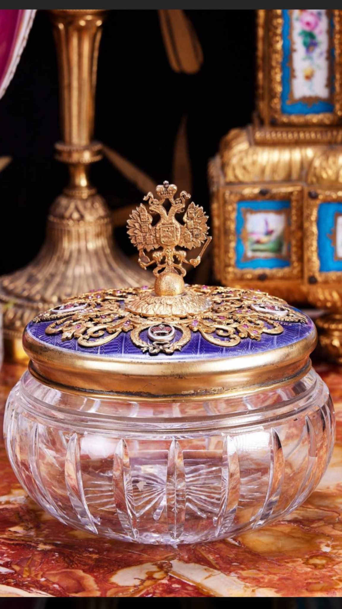 A Gilded Silver, Guilloche Enamel, and Gem Set Bowl and Cover