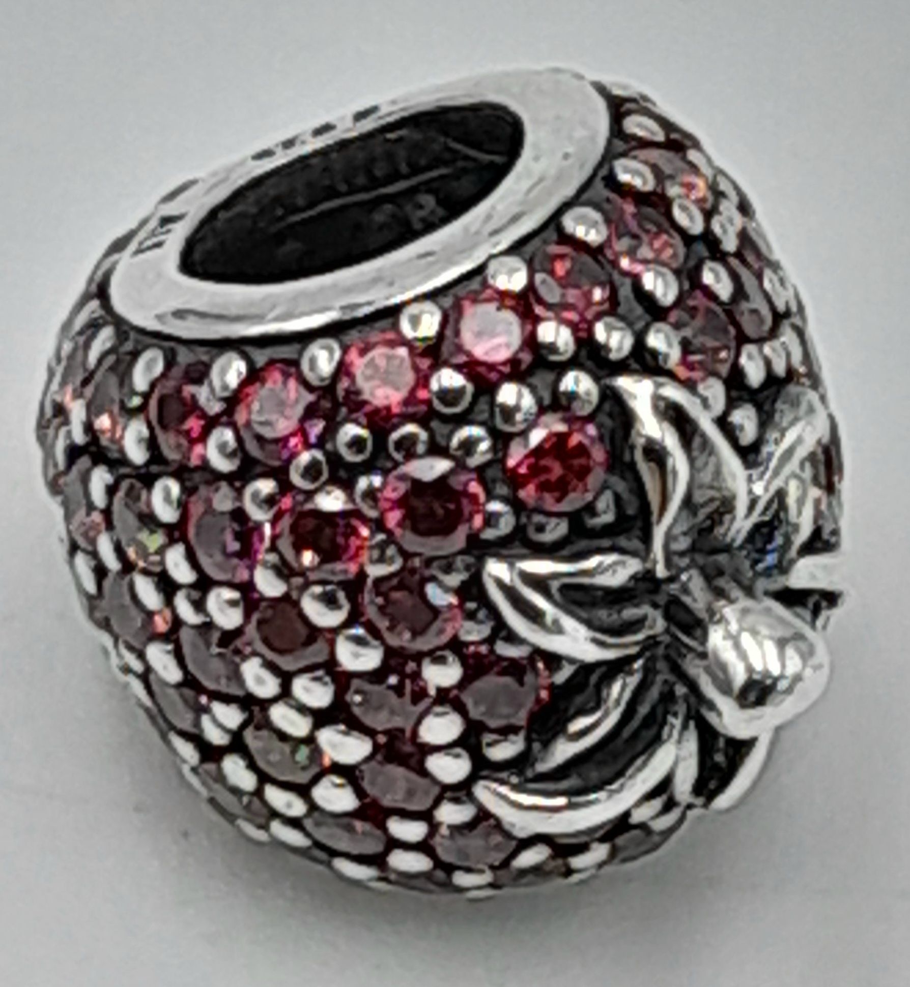 A Pandora, Sterling Silver, Stone Set, Retired, Pave Strawberry Charm