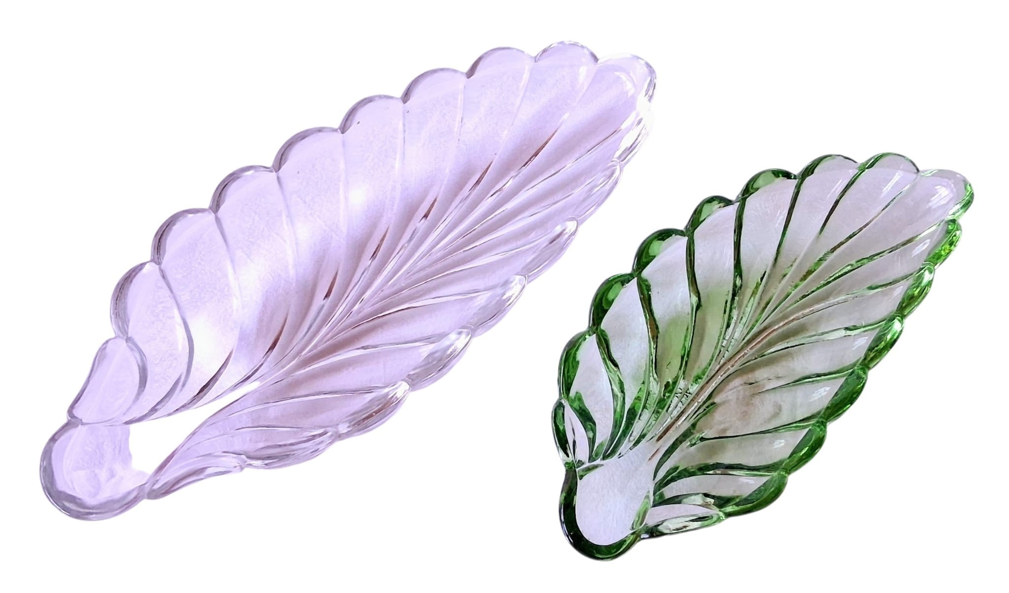 Two vintage glass leaf dishes by Bagley