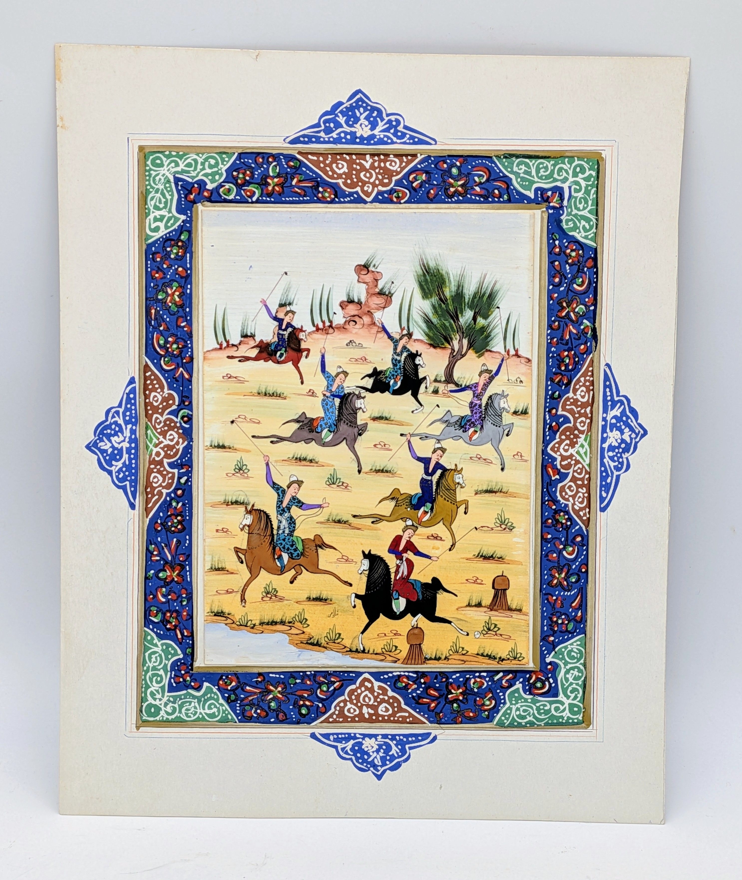 A Vintage Persian Miniature Painting Depicting a Polo Match